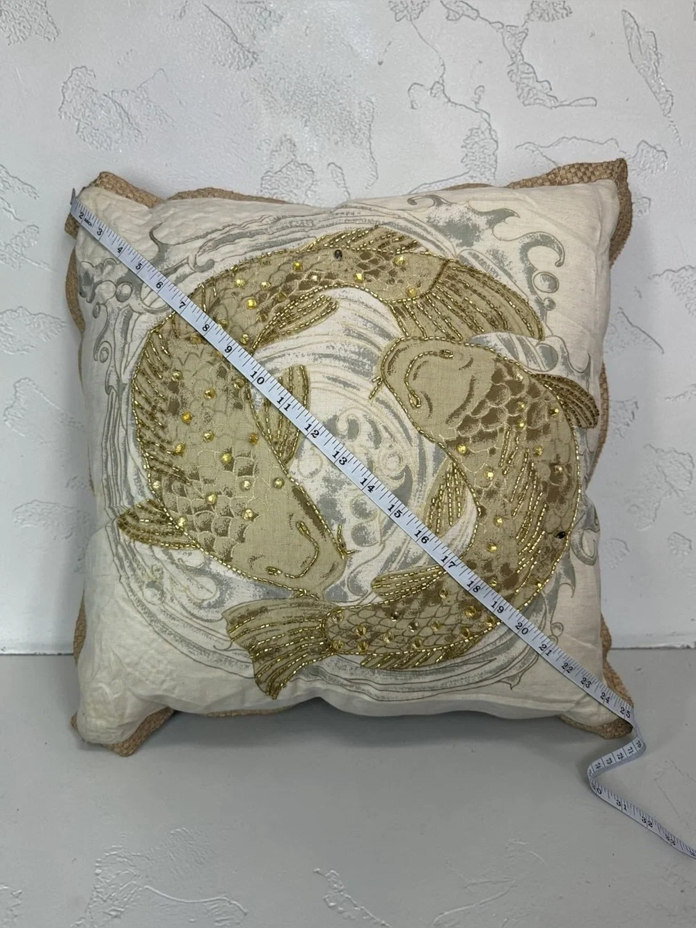 Pier 1 Imports Beaded Koi Fish Decorative Throw Pillow 18x18 Cream Gold Multi